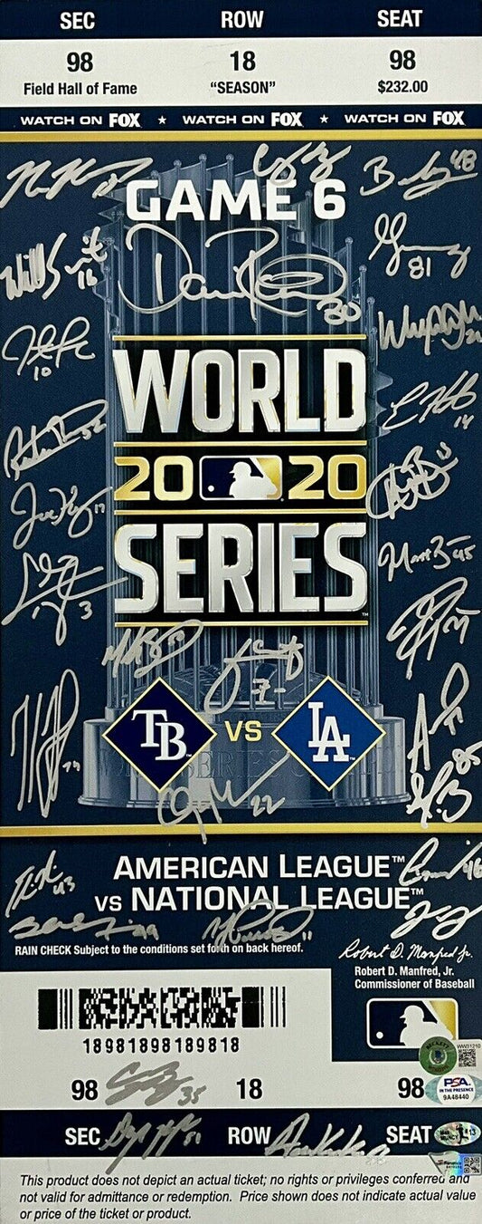 DODGERS 2020 WORLD SERIES FULL TEAM SIGNED 8X20 TICKET 29 AUTOS PSA 9A48440