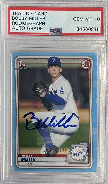 BOBBY MILLER DODGERS SIGNED 1ST BOWMAN SKY BLUE /499 PSA 84560815 GEM MT 10 AUTO