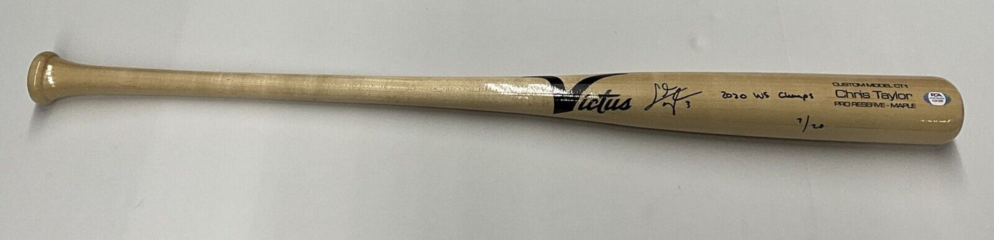 7/20 CHRIS TAYLOR DODGERS SIGNED VICTUS GAME MODEL BAT "2020 WS CHAMPS" INS PSA