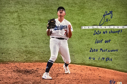 4/7 JULIO URIAS DODGERS SIGNED 22X32 CANVAS "2020 WS CHAMPS, LAST OUT" INS BAS