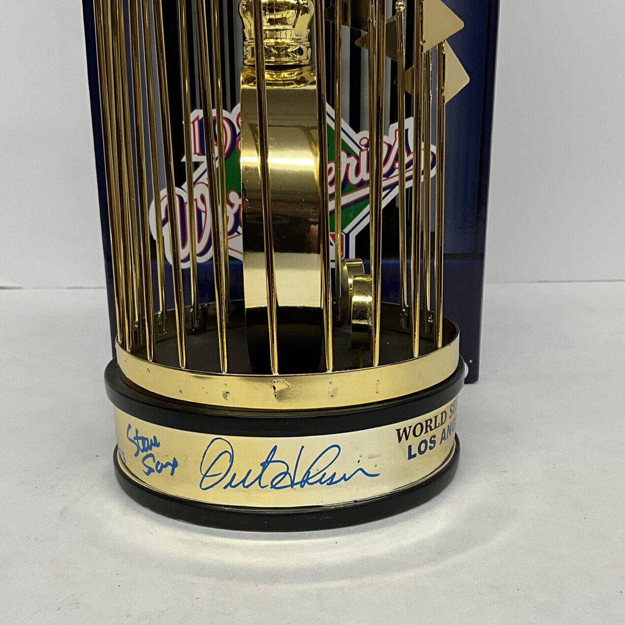 OREL HERSHISER KIRK GIBSON LASORDA SIGNED DODGERS 12" 88 WS TROPHY PSA 8A78420