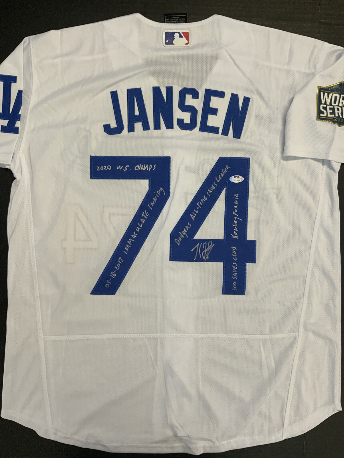 KENLEY JANSEN SIGNED DODGERS 2020 WORLD SERIES JERSEY 5 INSCRIPTIONS PSA 1C53073