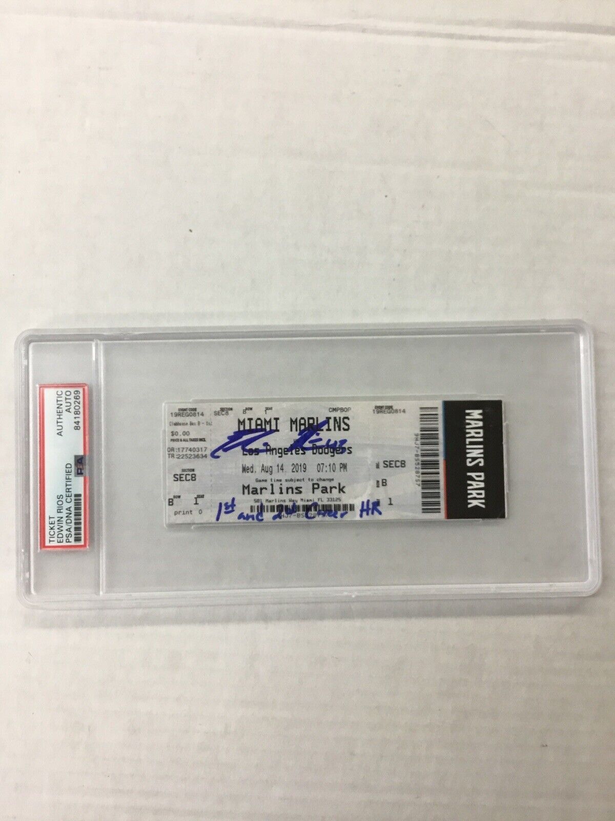 DODGERS EDWIN RIOS SIGNED 1ST AND 2ND CAREER HR TICKET STUB PSA/DNA SLABBED 0269