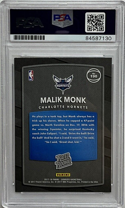 MALIK MONK SIGNED HORNETS PANINI DONRUSS #190 RC PSA SLABBED 84587130