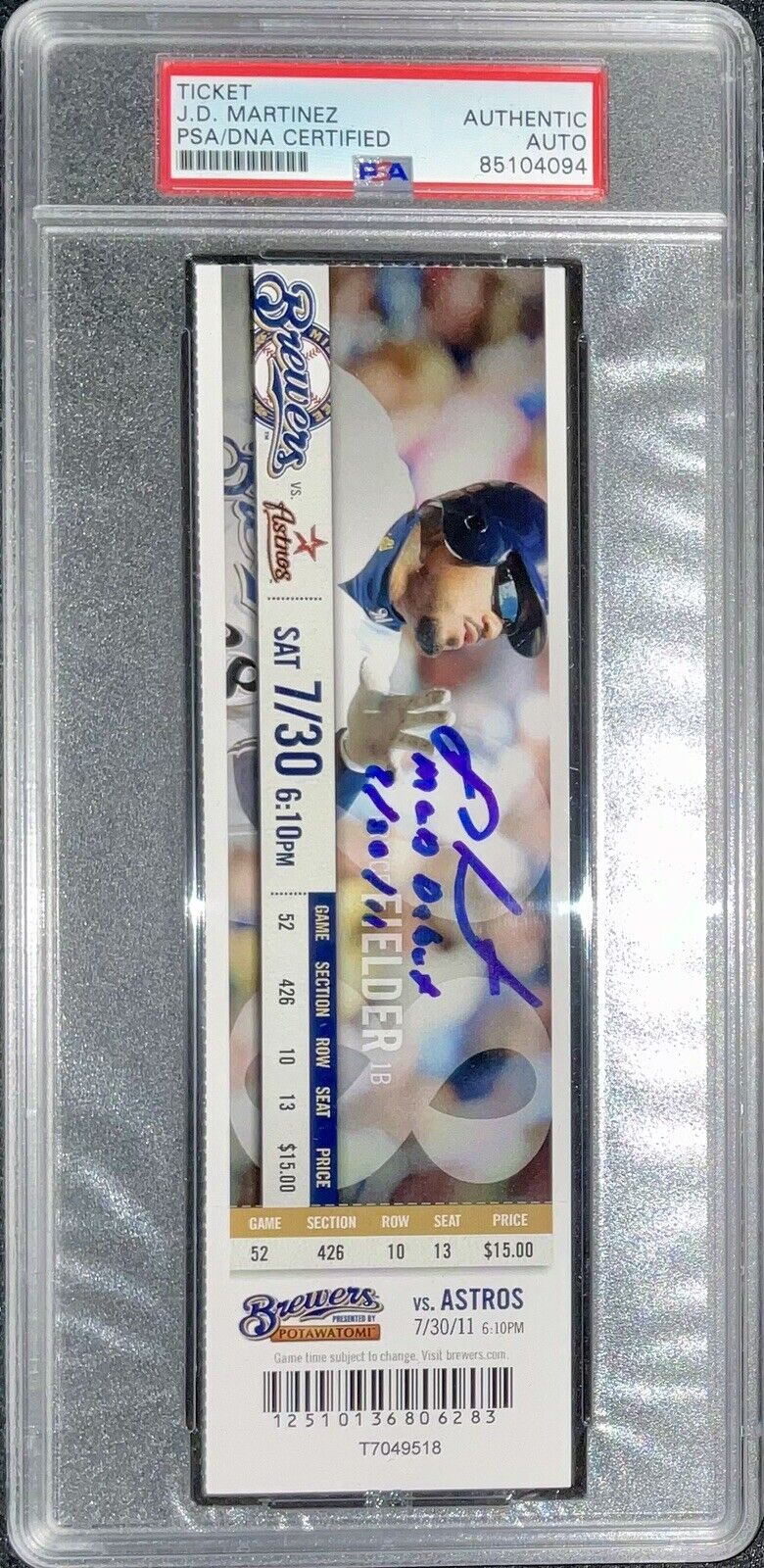 JD MARTINEZ SIGNED MLB DEBUT FULL TICKET "MLB DEBUT 7-30-11" INSC PSA 85104094