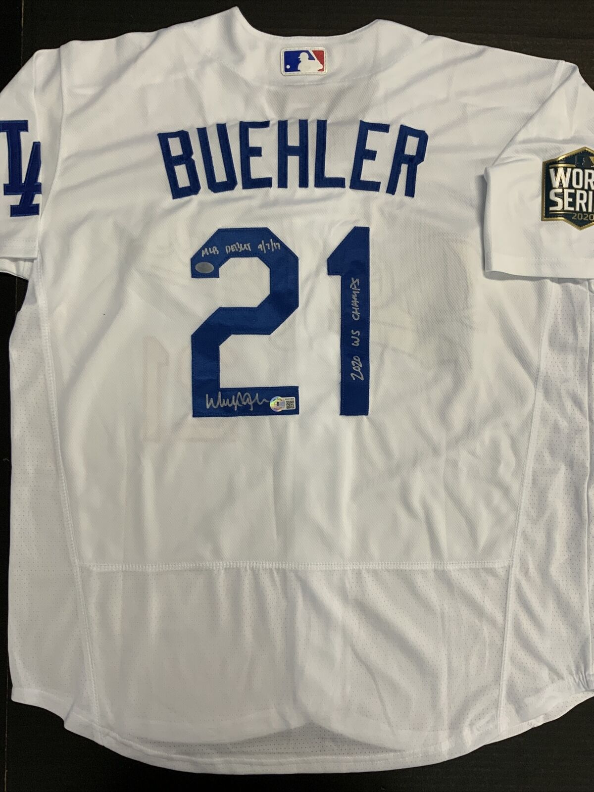 DODGERS WALKER BUEHLER SIGNED 2020 WS JERSEY "2020 WS CHAMPS, DEBUT" BAS WL61806