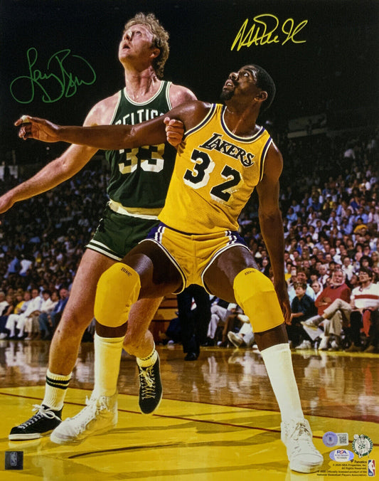 MAGIC JOHNSON LAKERS LARRY BIRD BOSTON CELTICS SIGNED 16X20 PHOTO BAS PSA C10225