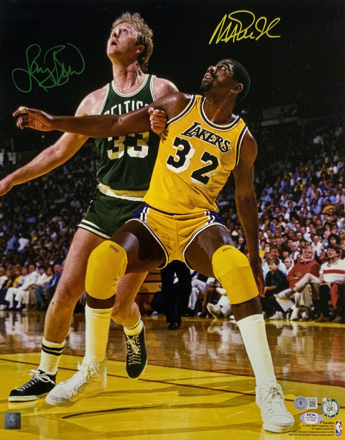 MAGIC JOHNSON LAKERS LARRY BIRD BOSTON CELTICS SIGNED 16X20 PHOTO BAS PSA C10226