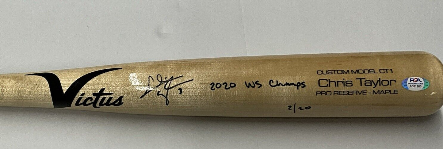 2/20 CHRIS TAYLOR DODGERS SIGNED VICTUS GAME MODEL BAT "2020 WS CHAMPS" INS PSA