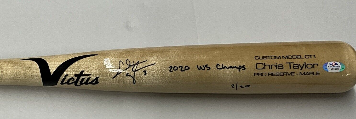 2/20 CHRIS TAYLOR DODGERS SIGNED VICTUS GAME MODEL BAT "2020 WS CHAMPS" INS PSA