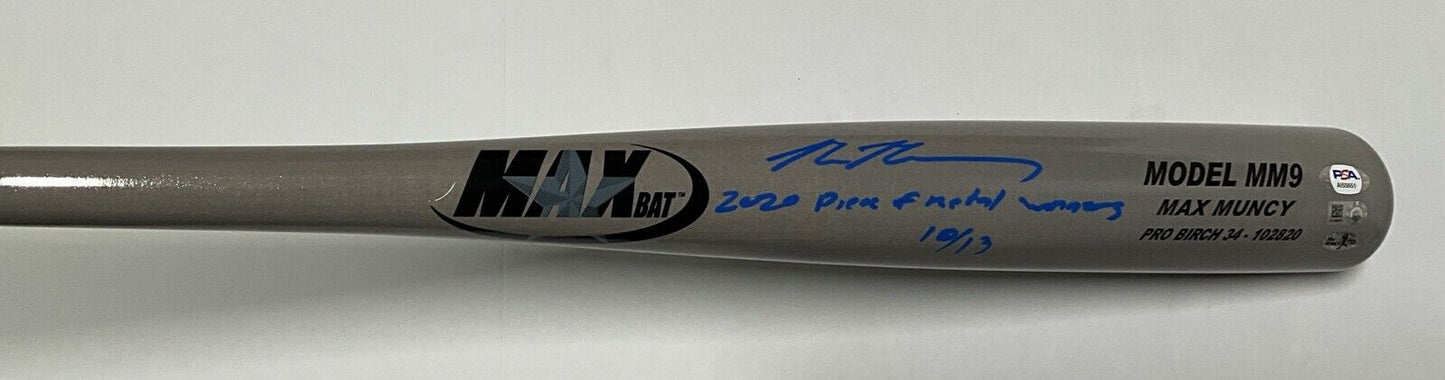 10/13 MAX MUNCY SIGNED GAME MODEL MM9 MAXBAT 2020 piece of metal winner" MLB PSA