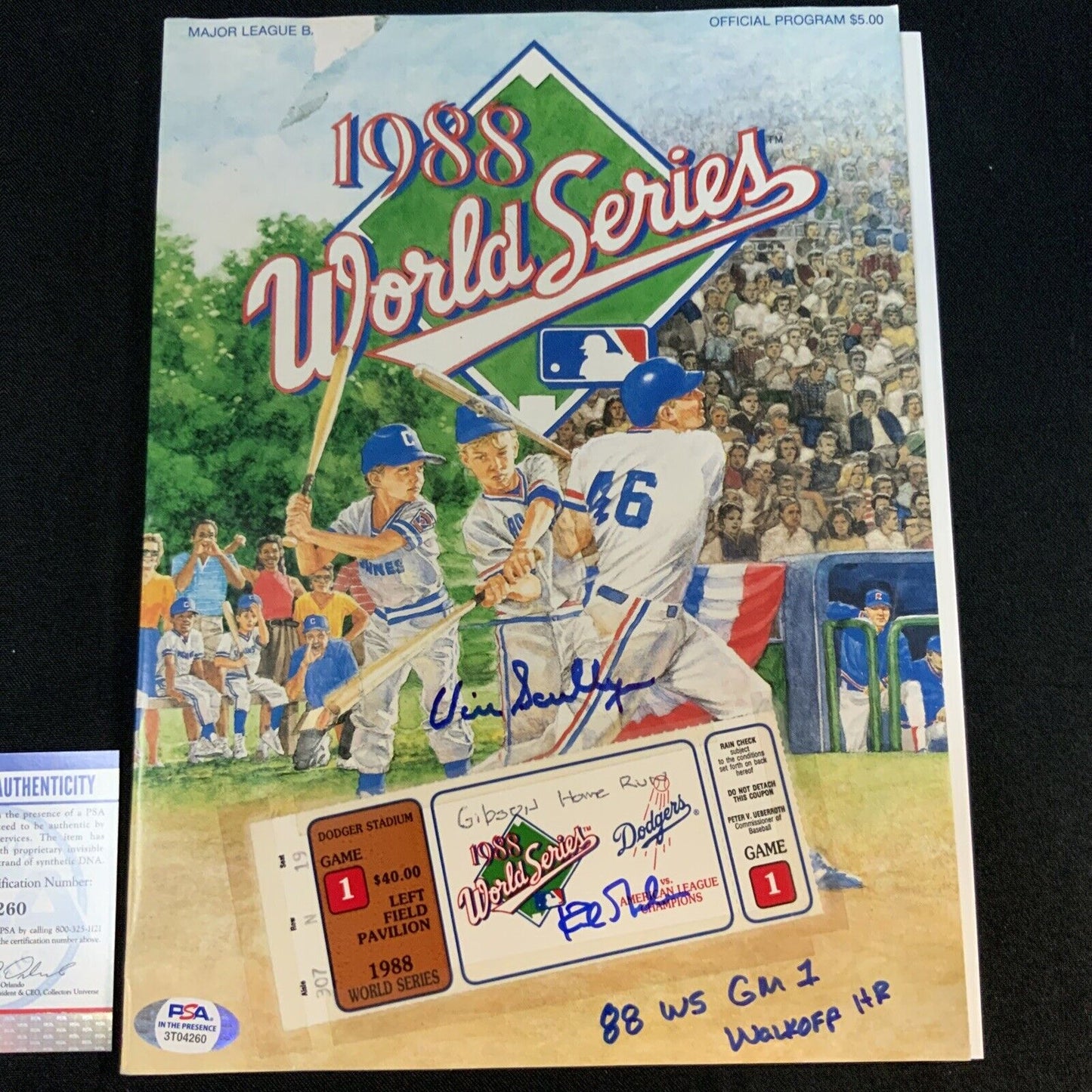 1988 WORLD SERIES PROGRAM SIGNED BY VIN SCULLY & KIRK GIBSON W/ TICKET STUB PSA