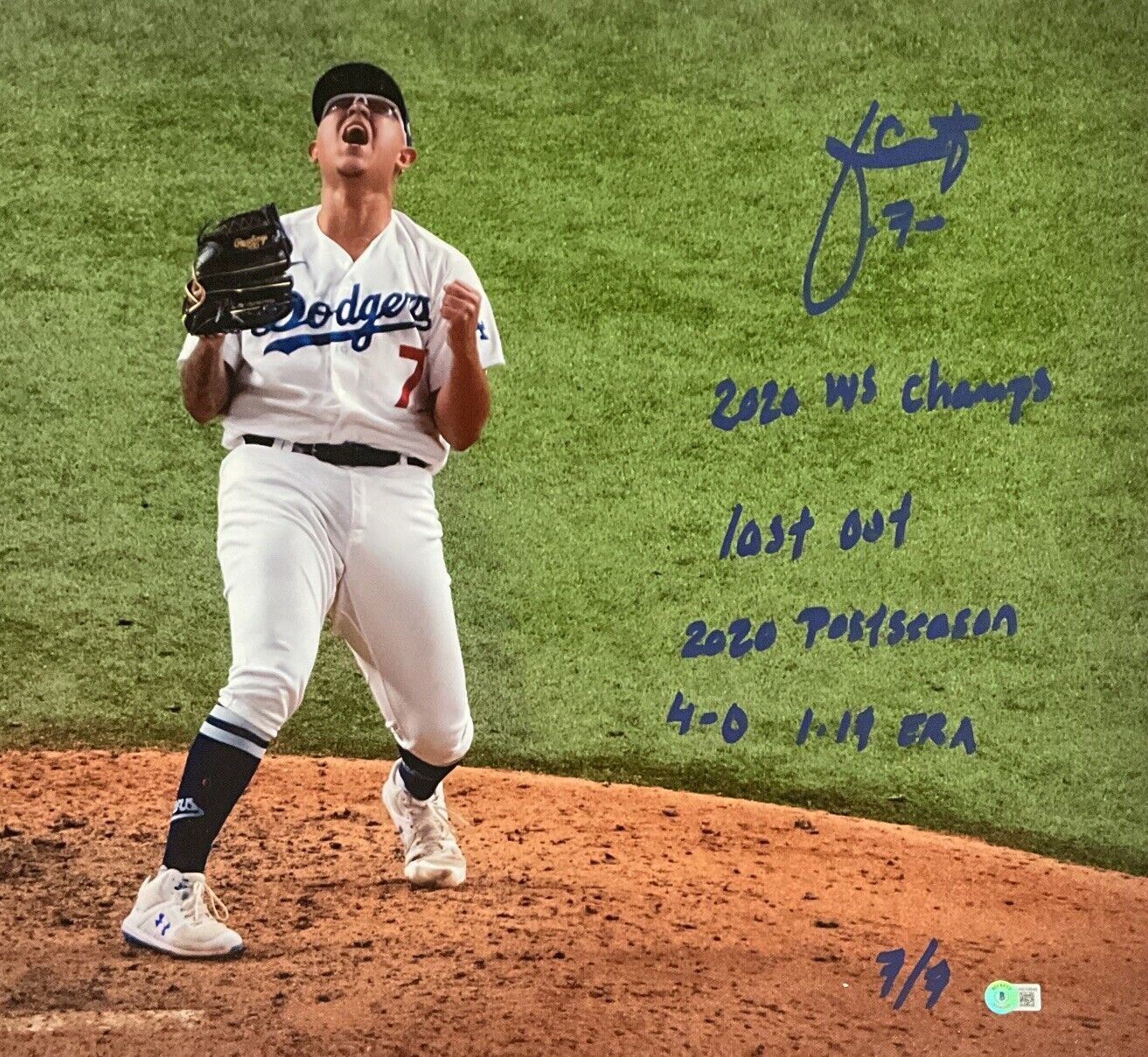 7/7 JULIO URIAS DODGERS SIGNED 22X32 CANVAS "2020 WS CHAMPS, LAST OUT" INS BAS