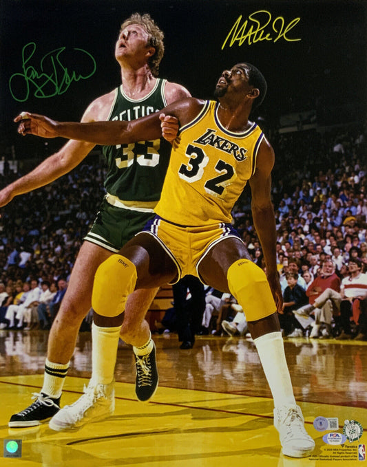 MAGIC JOHNSON LAKERS LARRY BIRD BOSTON CELTICS SIGNED 16X20 PHOTO BAS PSA C10232