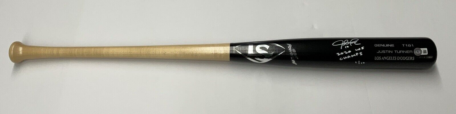 1/10 W JUSTIN TURNER DODGERS SIGNED LOUISVILLE SLUGGER BAT "2020 WS CHAMPS" BAS