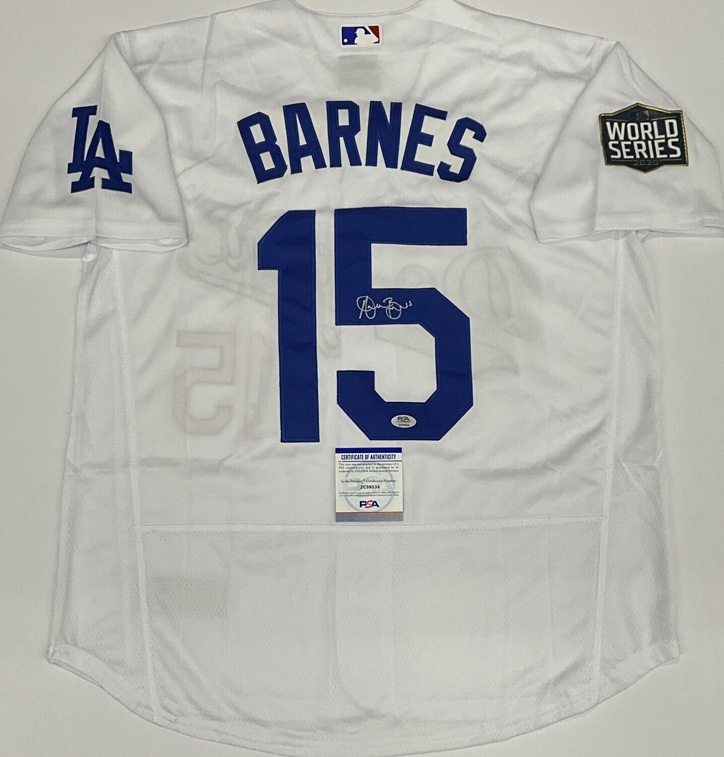 AUSTIN BARNES DODGERS SIGNED 2020 WORLD SERIES JERSEY  PSA 2C59534