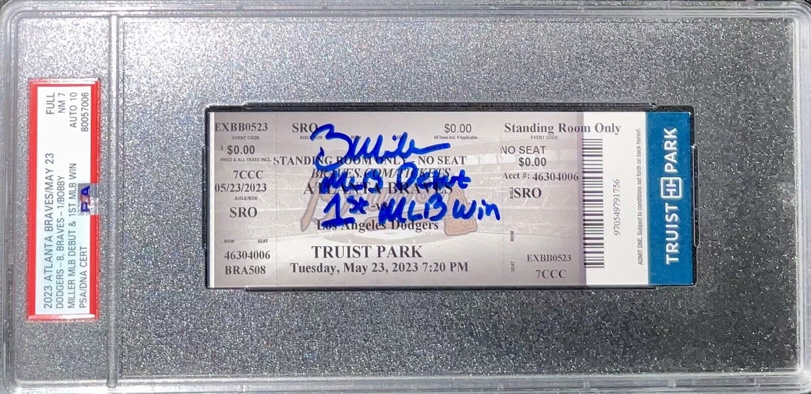 BOBBY MILLER MLB DEBUT & 1ST WIN 5/23/23 Ticket Stub PSA GEM MT 10 AUTO 80057006