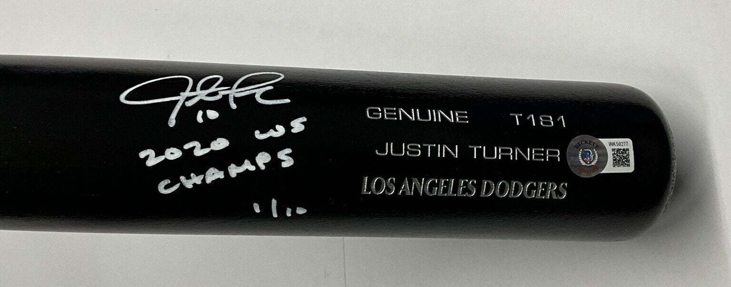 1/10 W JUSTIN TURNER DODGERS SIGNED LOUISVILLE SLUGGER BAT "2020 WS CHAMPS" BAS