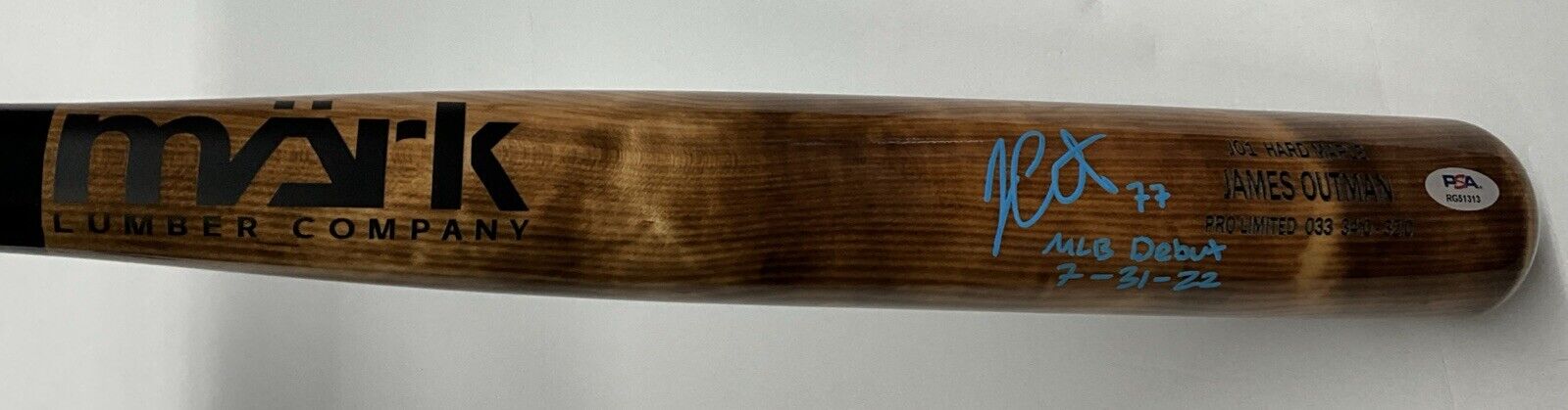 JAMES OUTMAN DODGERS SIGNED MARK LUMBER MODEL BAT "MLB DEBUT 7-31-22 PSA RG51313