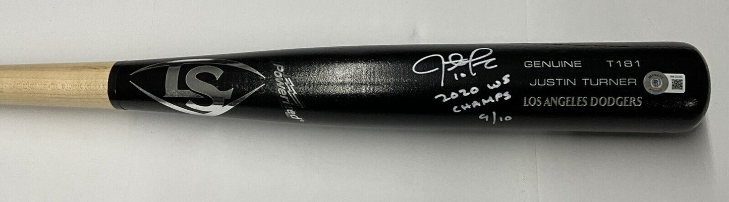 9/10 W JUSTIN TURNER DODGERS SIGNED LOUISVILLE SLUGGER BAT "2020 WS CHAMPS" BAS