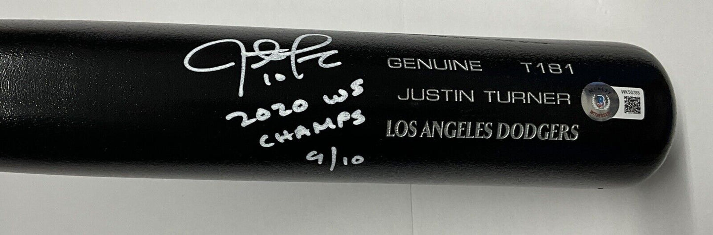 9/10 W JUSTIN TURNER DODGERS SIGNED LOUISVILLE SLUGGER BAT "2020 WS CHAMPS" BAS