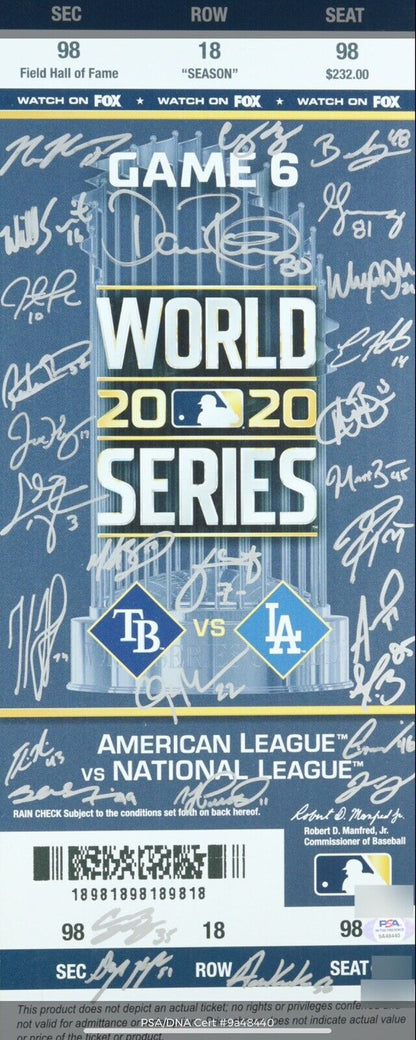 DODGERS 2020 WORLD SERIES FULL TEAM SIGNED 8X20 TICKET 29 AUTOS PSA 9A48440