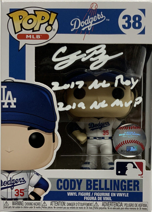 CODY BELLINGER SIGNED DODGERS FUNKO POP 38 "2017 NL ROY, 19 NL MVP" BAS AC09941