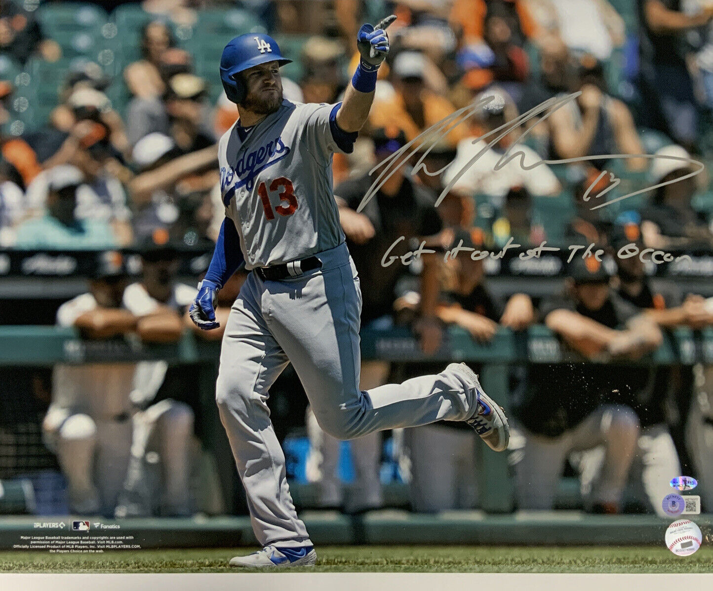 MAX MUNCY DODGERS SIGNED 16X20 PHOTO  VS MADBUM "GET IT OUT OF THE OCEAN" BAS