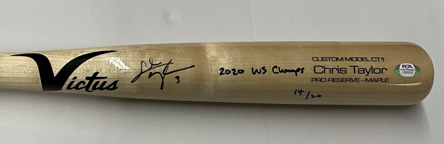 14/20 CHRIS TAYLOR DODGERS SIGNED VICTUS GAME MODEL BAT "2020 WS CHAMPS" INS PSA