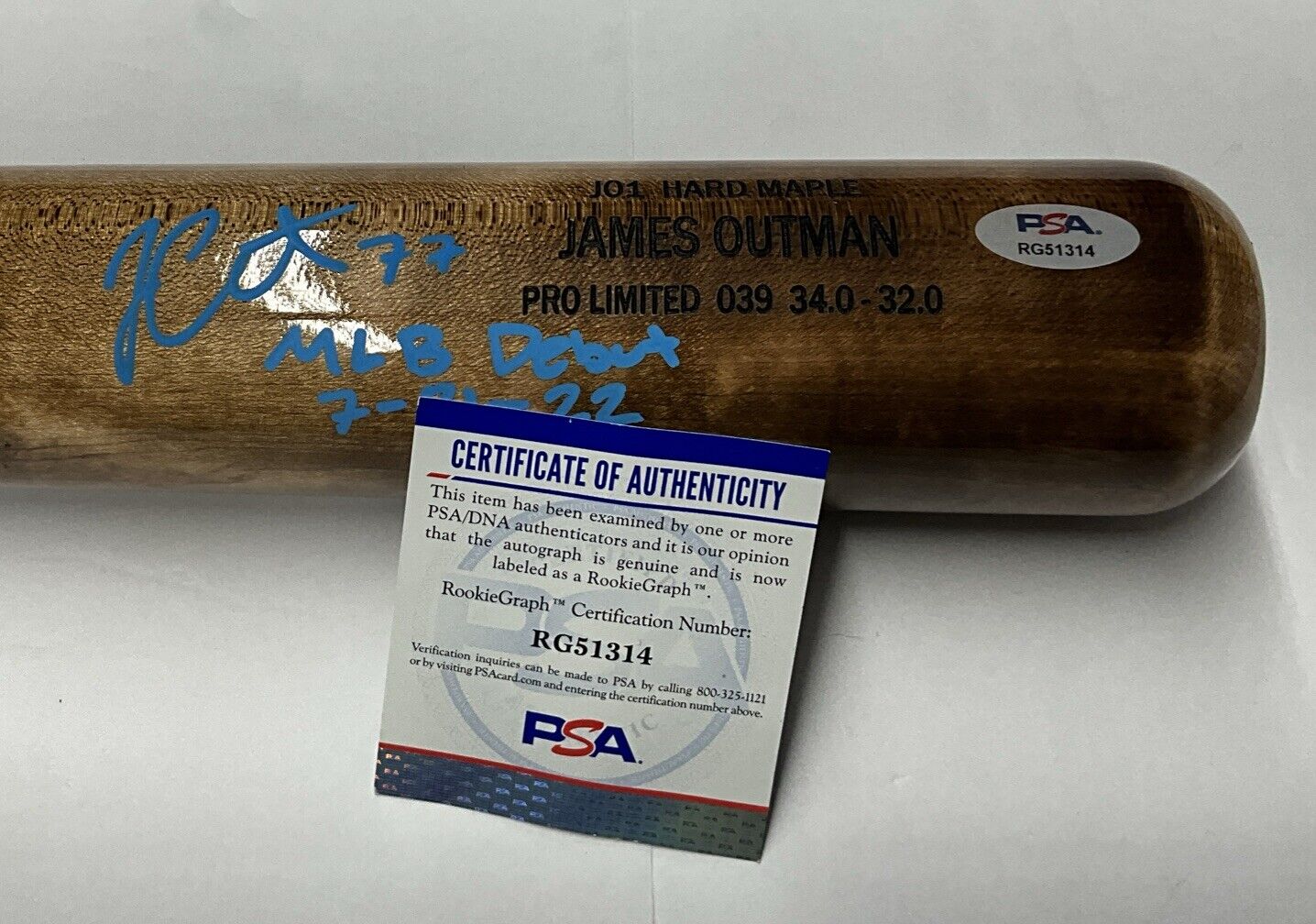 JAMES OUTMAN DODGERS SIGNED MARK LUMBER MODEL BAT "MLB DEBUT 7-31-22 PSA RG51314