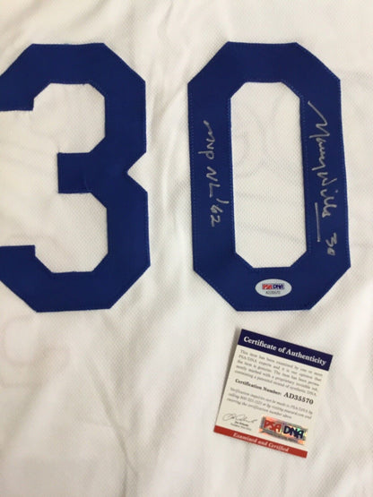 MAURY WILLS DODGERS SIGNED JERSEY WITH "MVP NL 62'" INSCRIPTION PSA COA