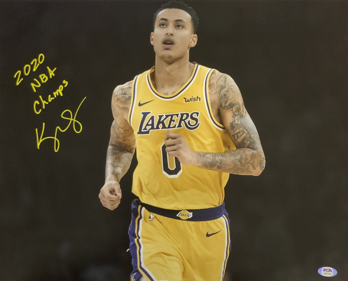 KYLE KUZMA LAKERS SIGNED 16X20 PHOTO "2020 NBA CHAMPS" INSCRIPTION PSA