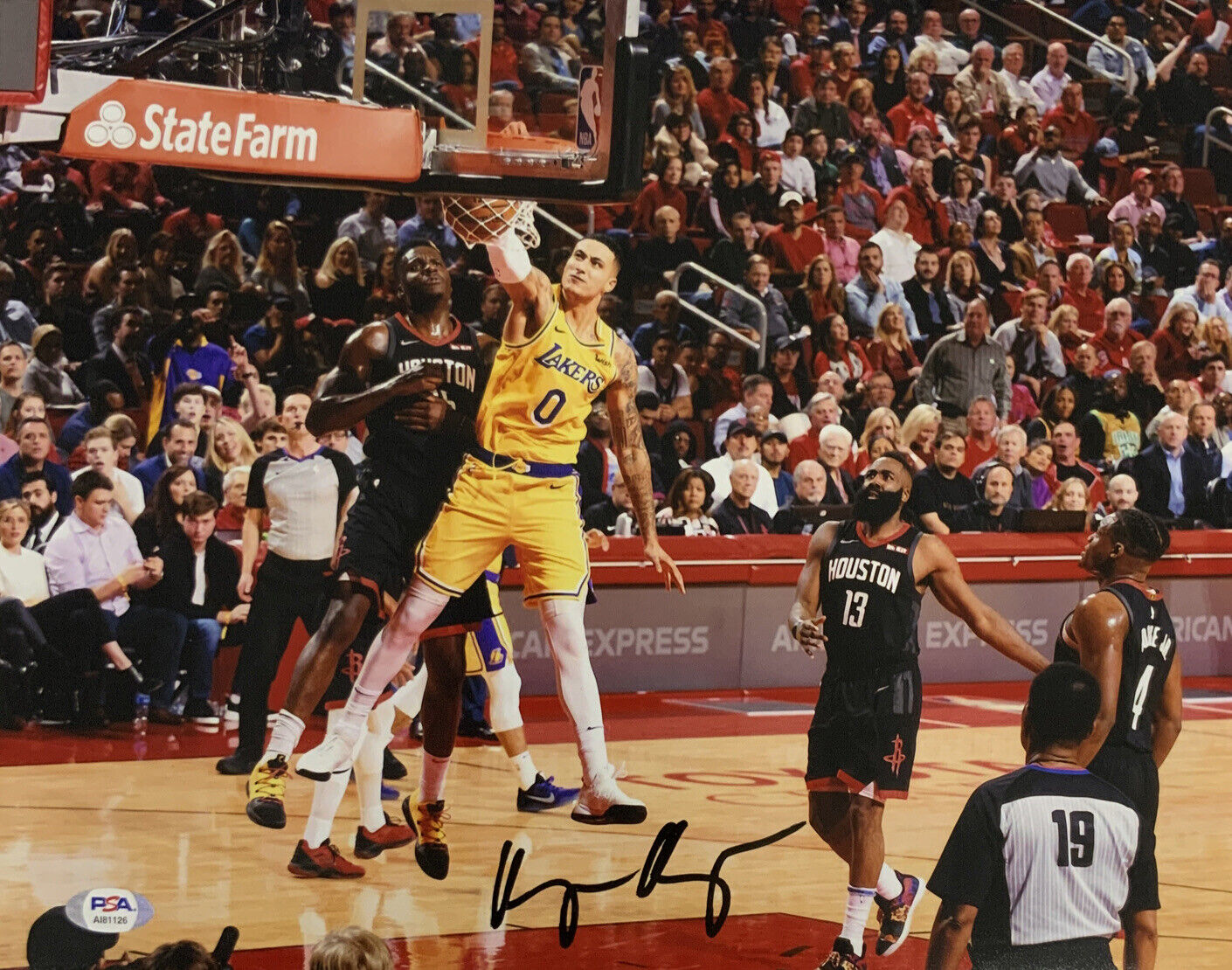 KYLE KUZMA LAKERS 2020 CHAMPION SIGNED 11X14 DUNK VS ROCKETS PHOTO PSA