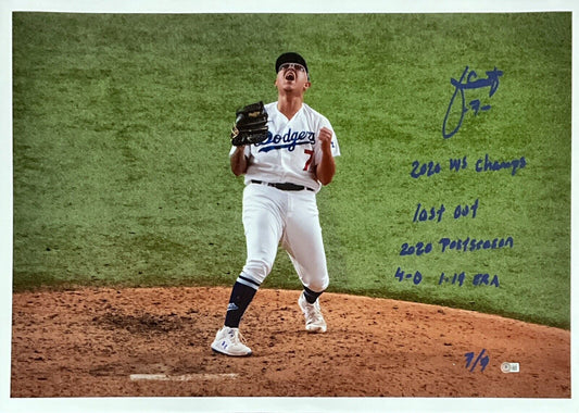 7/7 JULIO URIAS DODGERS SIGNED 22X32 CANVAS "2020 WS CHAMPS, LAST OUT" INS BAS