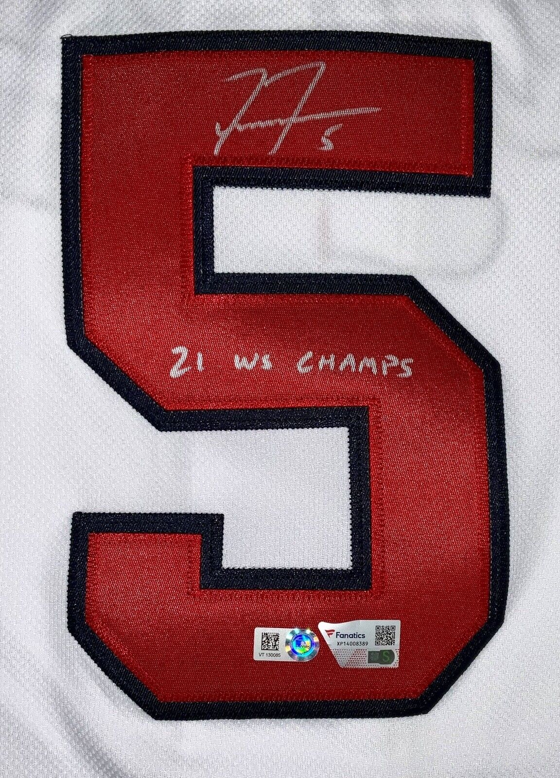 FREDDIE FREEMAN SIGNED BRAVES 2021 WORLD SERIES JERSEY "21 WS CHAM" MLB FANATICS