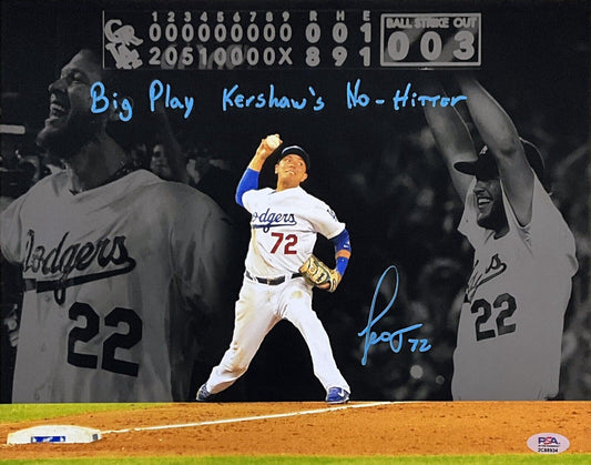 MIGUEL ROJAS DODGERS SIGNED 11X14 PHOTO EDIT "BIG PLAY KERSHAW'S NO-HITTER" PSA