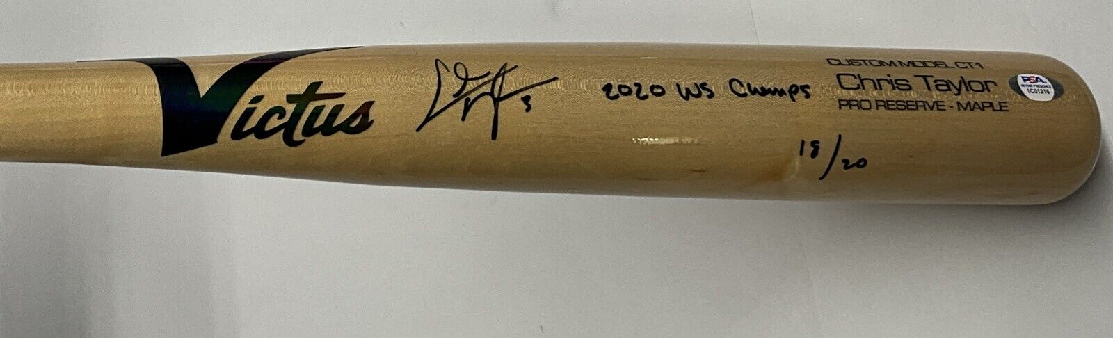 18/20 CHRIS TAYLOR DODGERS SIGNED VICTUS GAME MODEL BAT "2020 WS CHAMPS" INS PSA