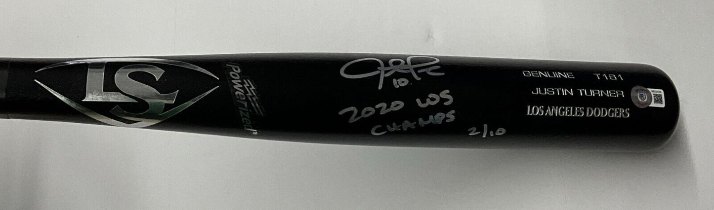 2/10 S JUSTIN TURNER DODGERS SIGNED LOUISVILLE SLUGGER BAT "2020 WS CHAMPS" BAS