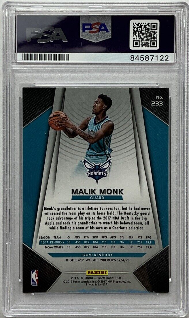 MALIK MONK SIGNED HORNETS PANINI PRIZM 233 RC PSA SLABBED 84587122 GM MT 10 AUT0