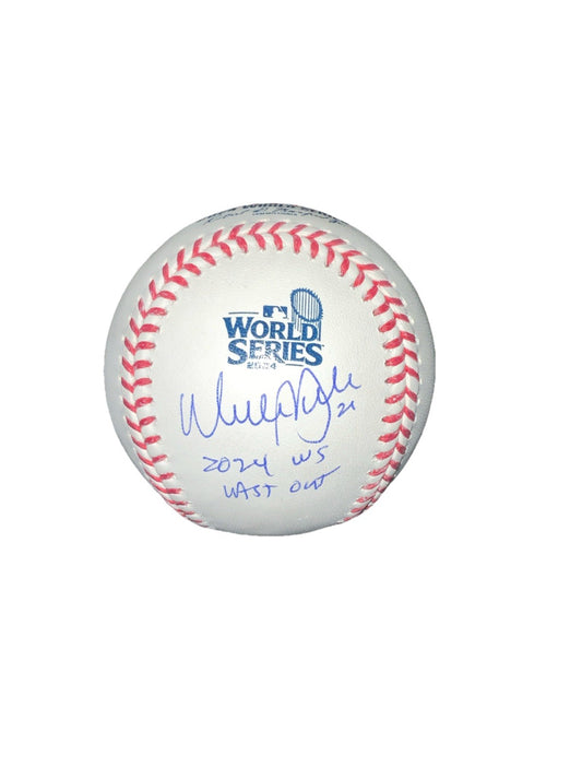 WALKER BUEHLER SIGNED 2024 WORLD SERIES BASEBALL "2024 WS LAST OUT" PSA WITNESS
