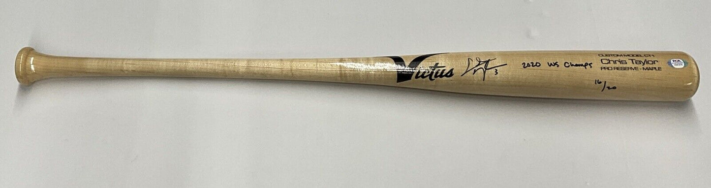 16/20 CHRIS TAYLOR DODGERS SIGNED VICTUS GAME MODEL BAT "2020 WS CHAMPS" INS PSA