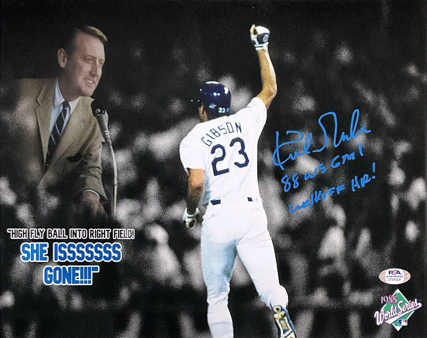 KIRK GIBSON DODGERS SIGNED 11X14 PHOTO EDIT W/ SCULLY "88WS GM 1 WALKOFF HR" PSA