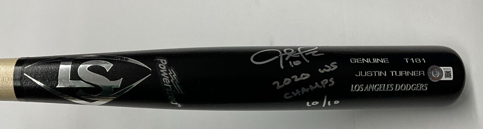 10/10 S JUSTIN TURNER DODGERS SIGNED LOUISVILLE SLUGGER BAT "2020 WS CHAMPS" BAS