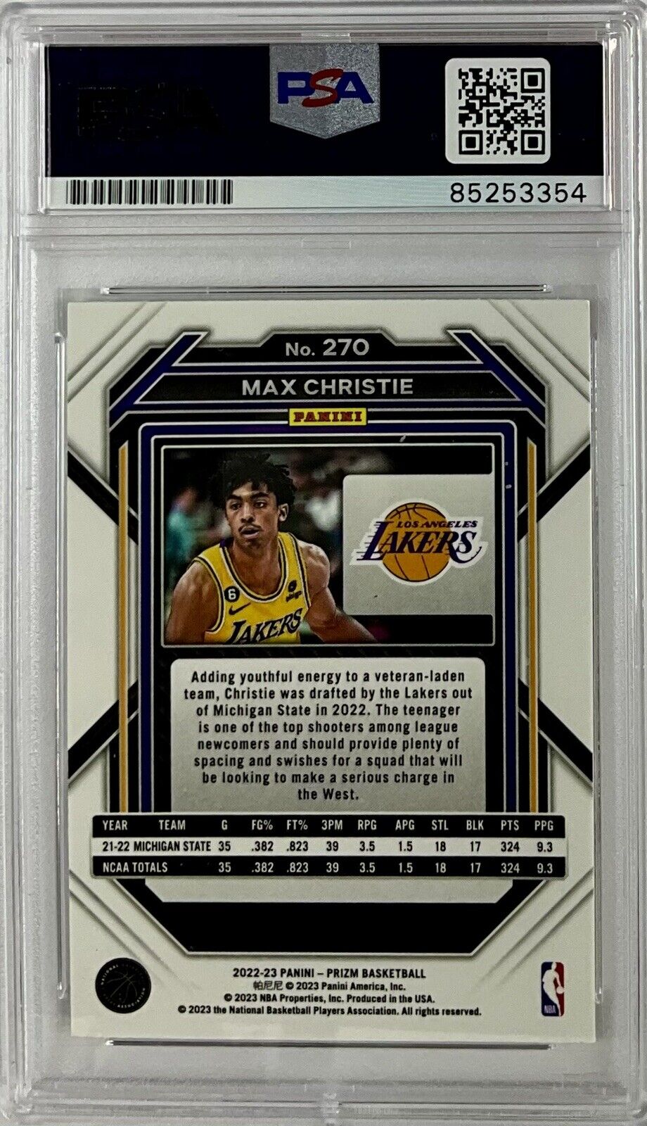 MAX CHRISTIE SIGNED LAKERS PANINI PRIZM #270 ROOKIE RC PSA SLABBED ITP 85253354