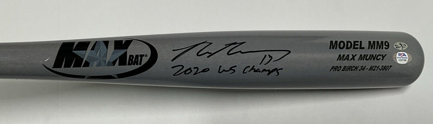 MAX MUNCY DODGERS SIGNED MAXBAT GAME MODEL BAT "2020 WS CHAMPS" INSC PSA 1C01766