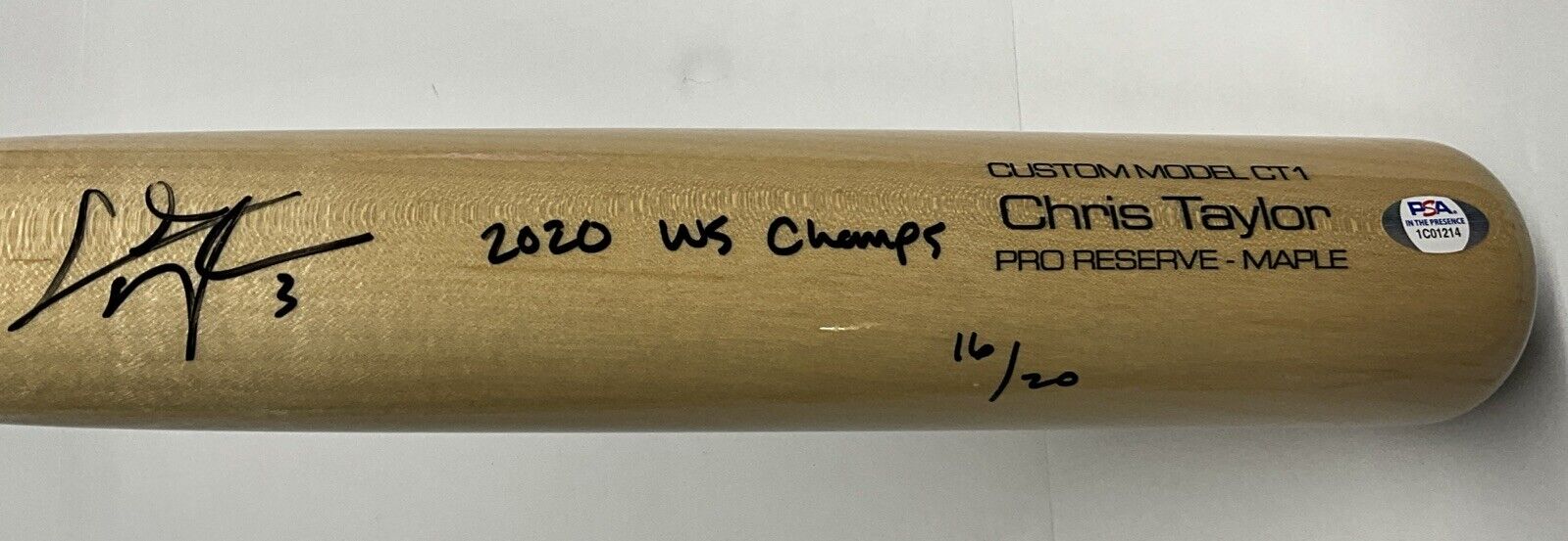 16/20 CHRIS TAYLOR DODGERS SIGNED VICTUS GAME MODEL BAT "2020 WS CHAMPS" INS PSA