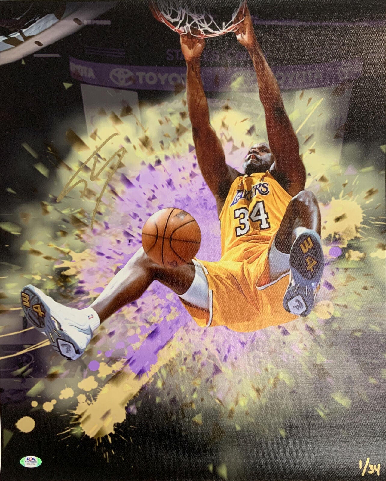 1/34 SHAQUILLE O'NEAL LAKERS MVP SIGNED 18X22 LE CANVAS DUNK PRINT PSA 9A24784