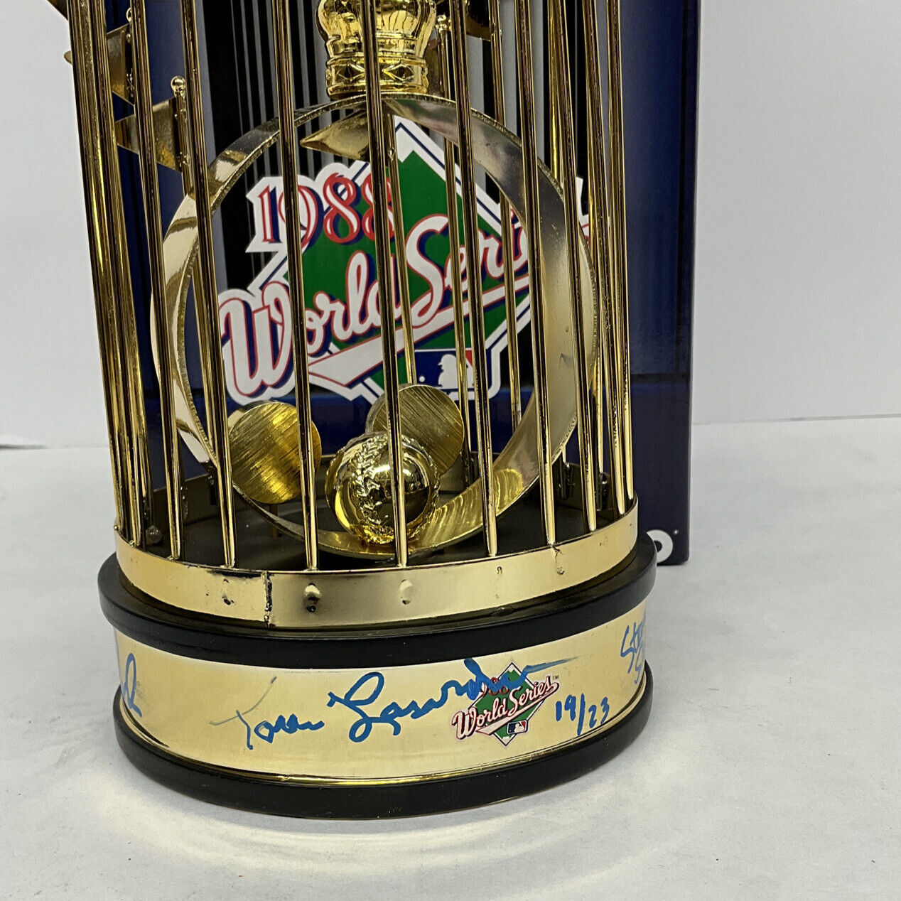 OREL HERSHISER KIRK GIBSON LASORDA SIGNED DODGERS 12" 88 WS TROPHY PSA 8A78420