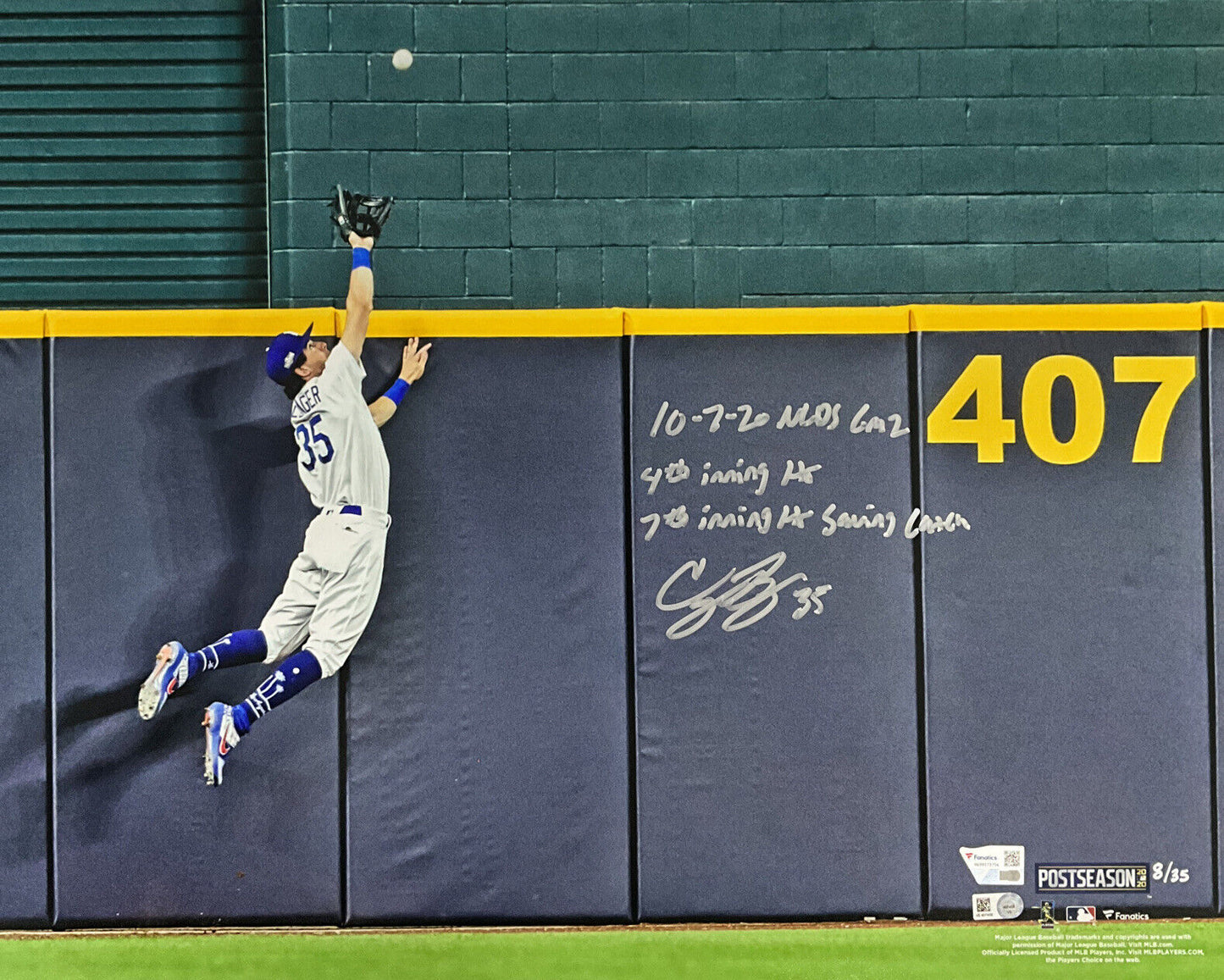 8/35 CODY BELLINGER DODGERS SIGNED 2020 NLDS GAME 16X20 PHOTO 3 INSCRIPTION MLB