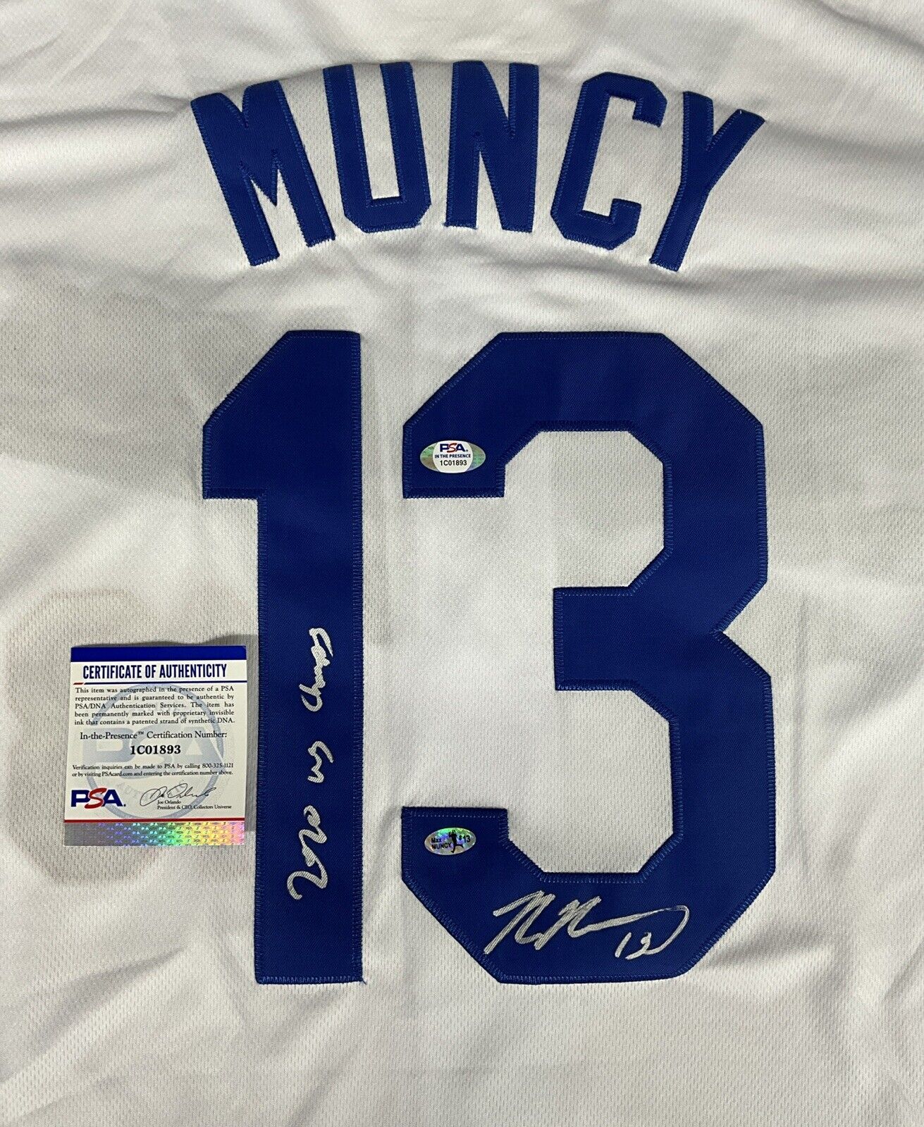 MAX MUNCY DODGERS SIGNED 2020 WORLD SERIES JERSEY "2020 WS CHAMPS" PSA 1C01893